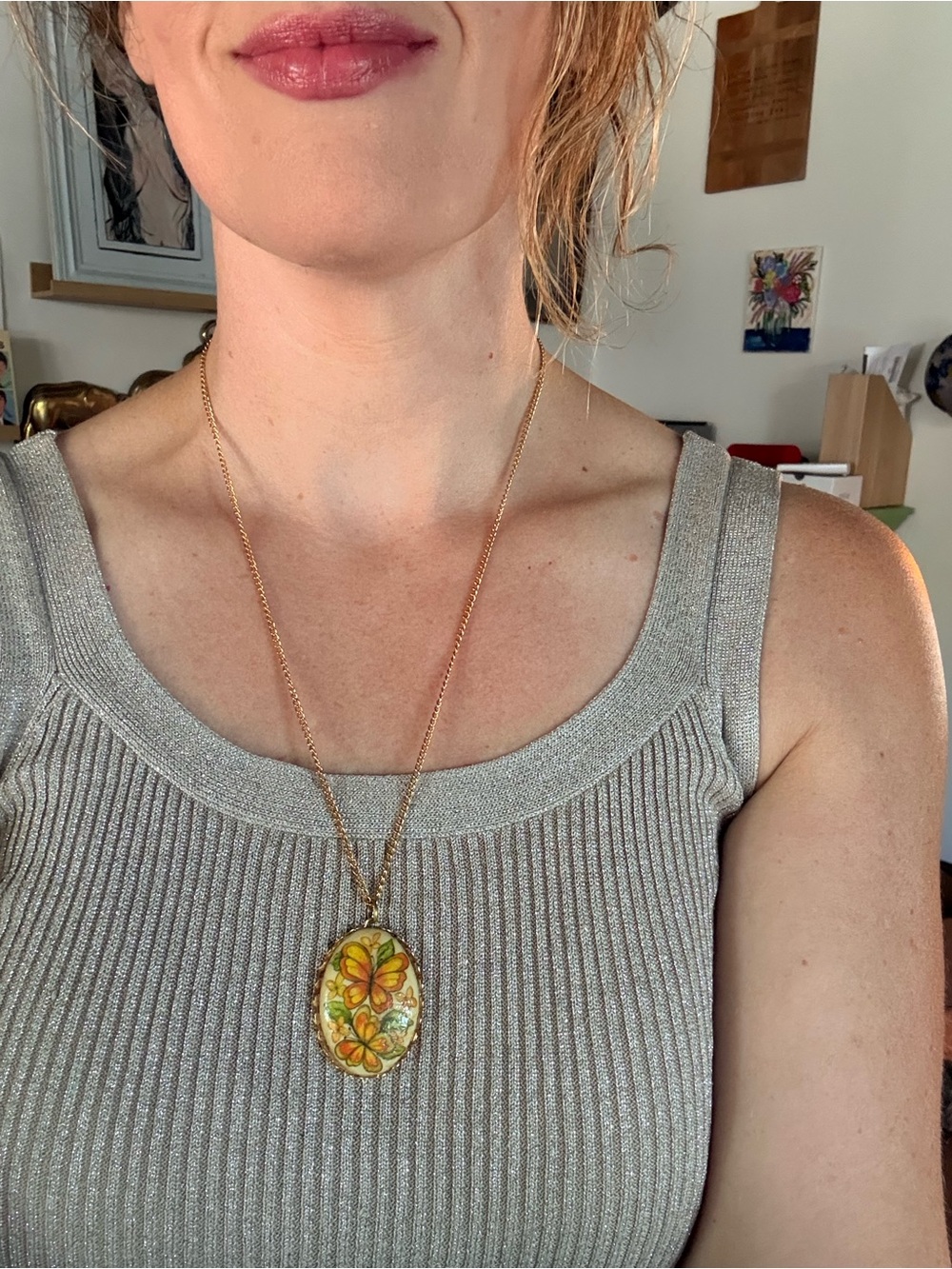 Floral Enamel Oval Pendant Necklace - Yellow Floral Design